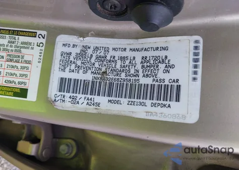 2008 Toyota Corolla Ce z USA, uszkodzony, nr VIN 1NXBR32E68Z958195